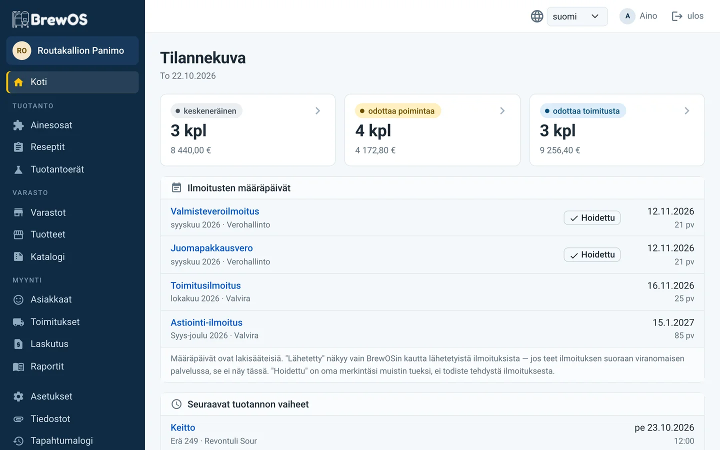 Tilannekuva: avoimet tilaukset ja viranomaisilmoitusten määräpäivät