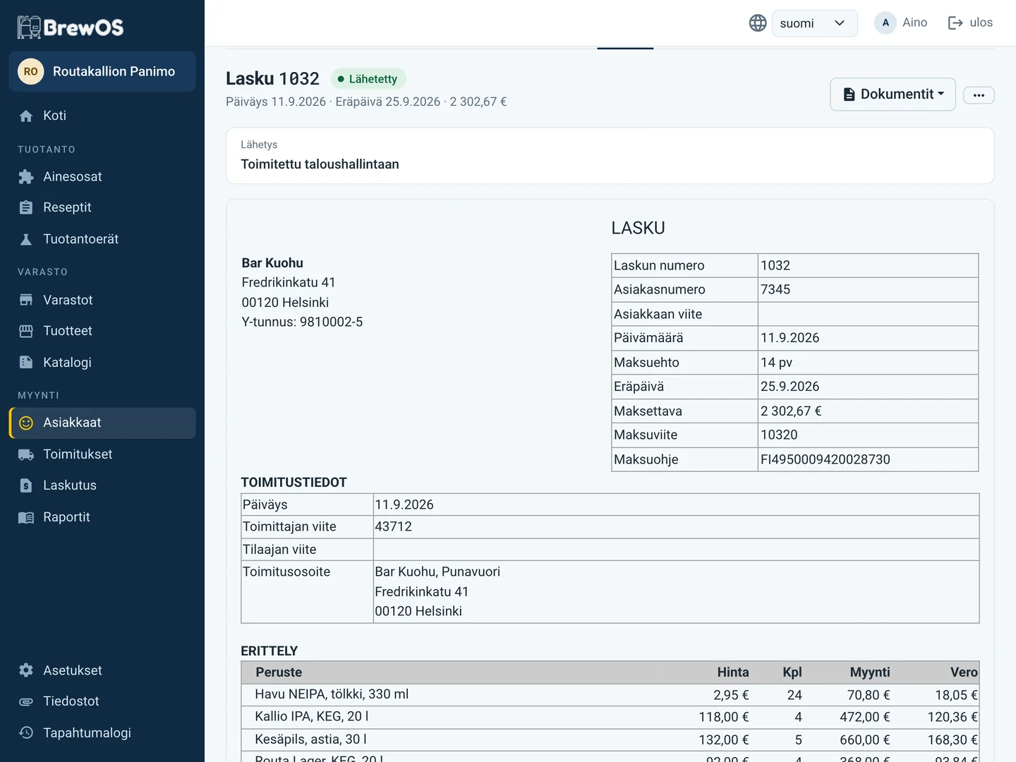 Lasku: toimituksesta syntynyt lasku erittelyineen