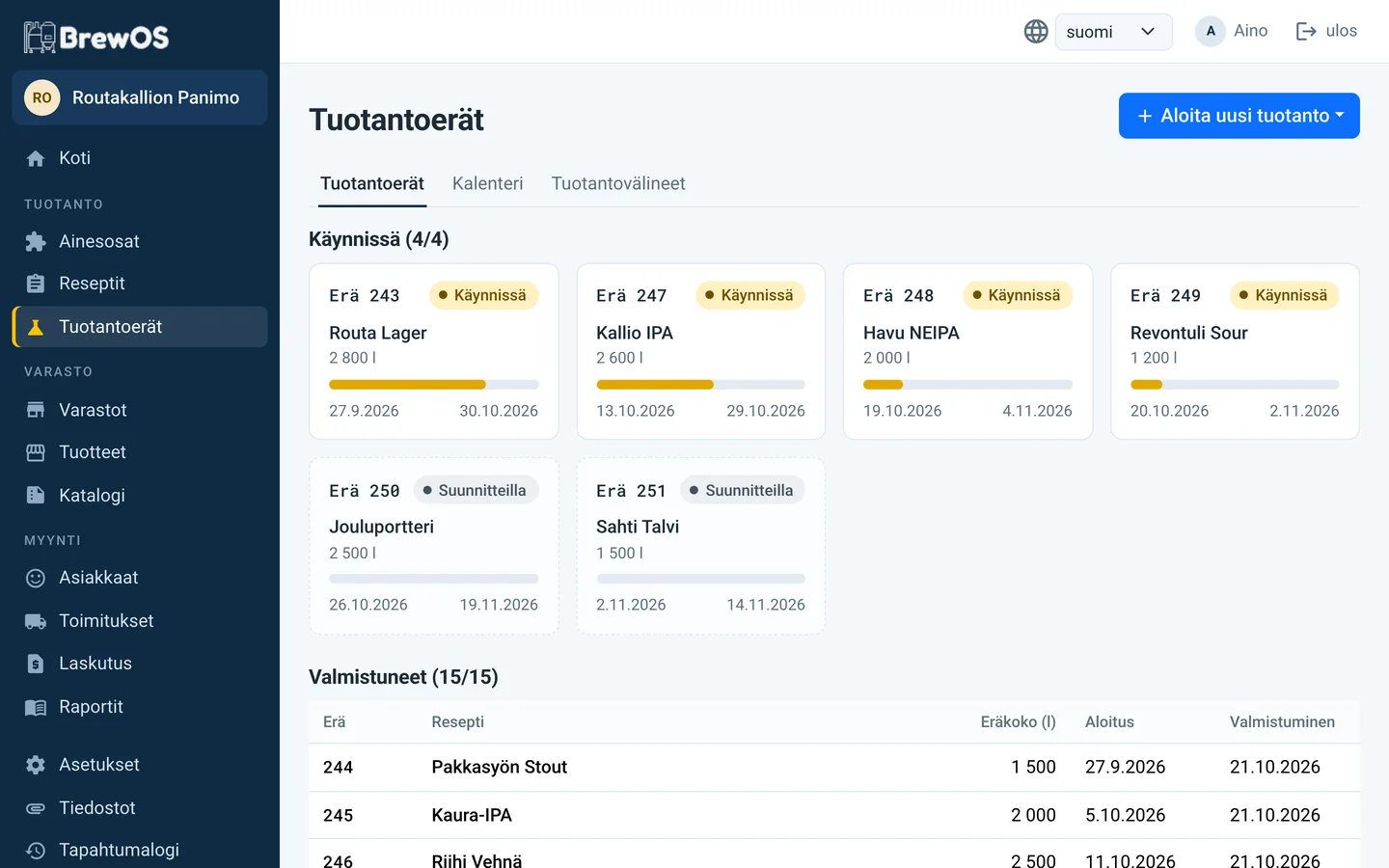 Tuotantoerät: käynnissä olevien erien eteneminen ja valmistuneet erät